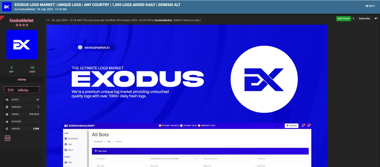 One of the latest advertisement posts by Exodus Market