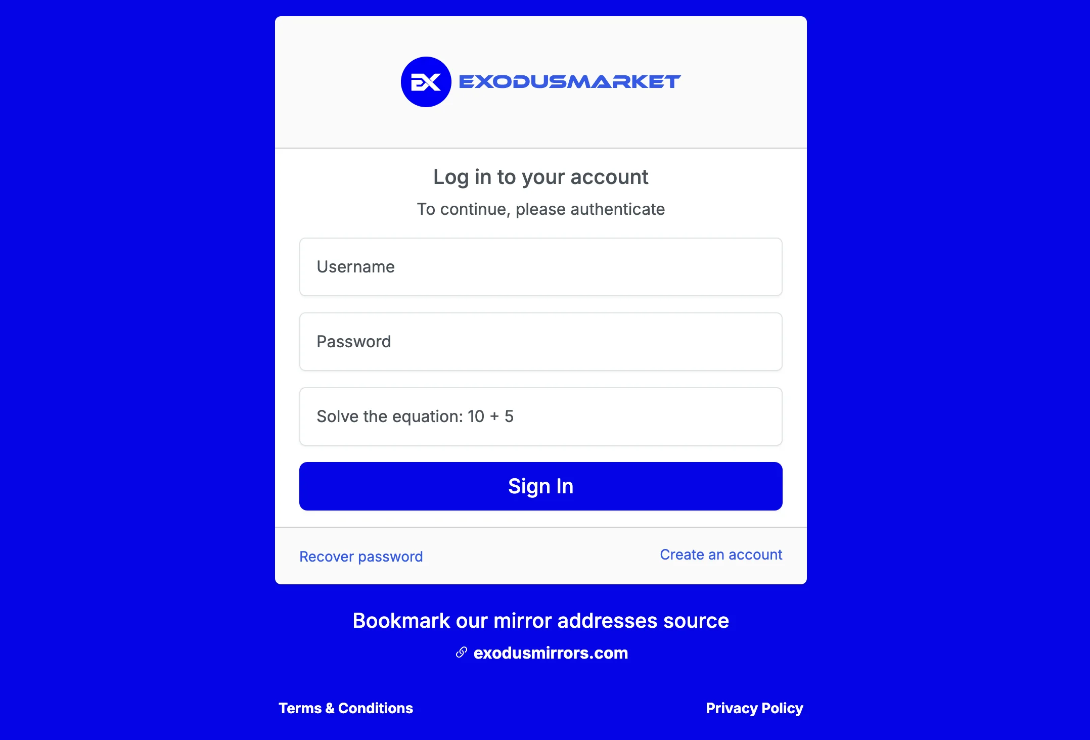 The login page of Exodus Market