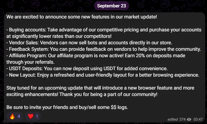 Latest updates for the Exodus Marketplace, announced on Telegram