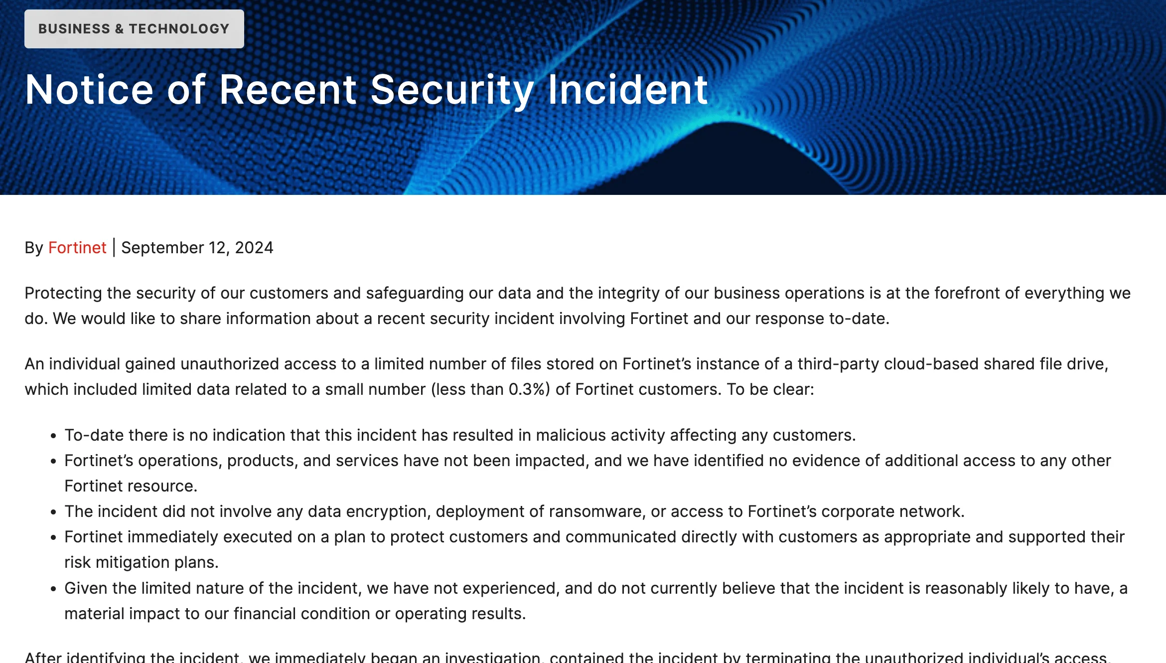 Security incident notice by Fortinet