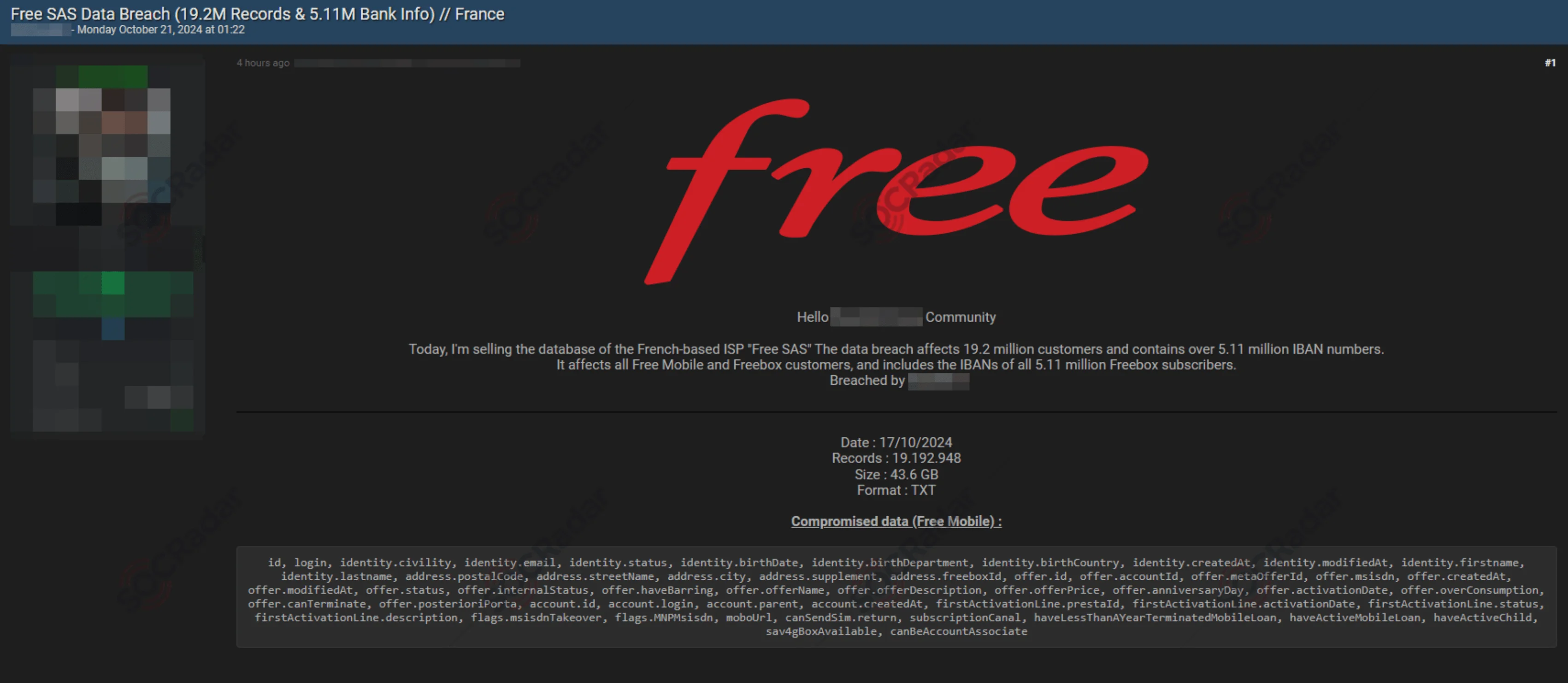Free SAS Breach post by the threat actor, alleging compromise of 19.2M records and 5.11M bank info