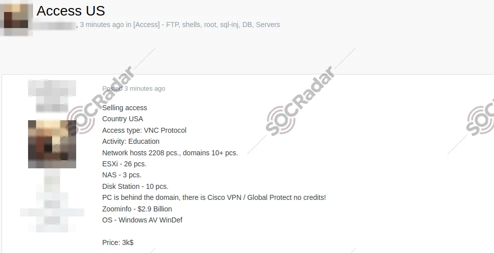 The access sale in a hacker forum