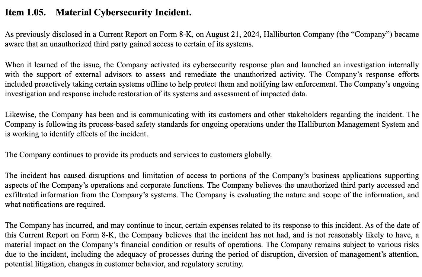 Halliburton’s 8K report filed with the SEC