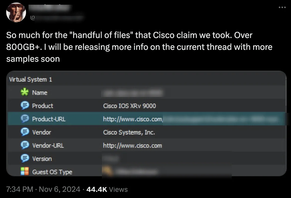 IntelBroker’s November 6 post on X, alleging that the Cisco breach exposed over 800GB of data, with plans to share additional samples to support their claim