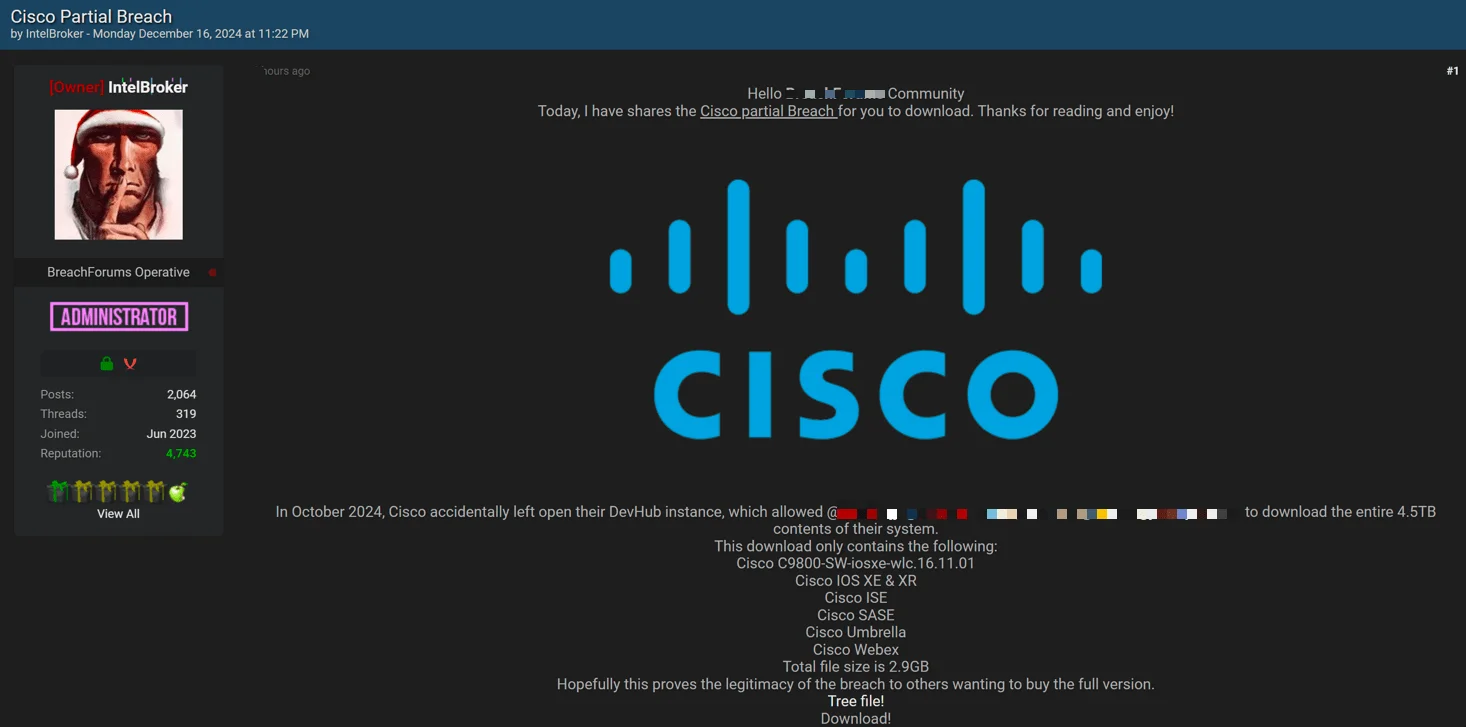 IntelBroker shares a partial 2.9GB sample of the alleged Cisco DevHub breach on a hacker forum, claiming it as proof of the 4.5TB data leak.