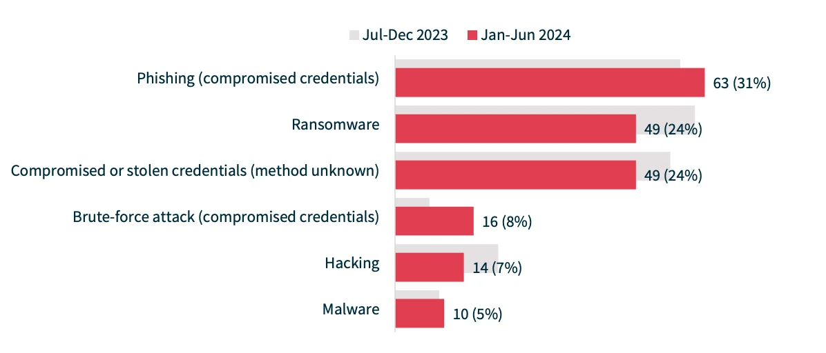 Breakdown of cyber incident types (Statistics by H1 2024 NDB Report)