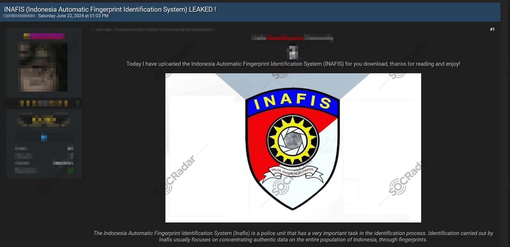 In a hacker forum monitored by SOCRadar, an alleged database sale is detected for Indonesia's Automatic Fingerprint Identification System