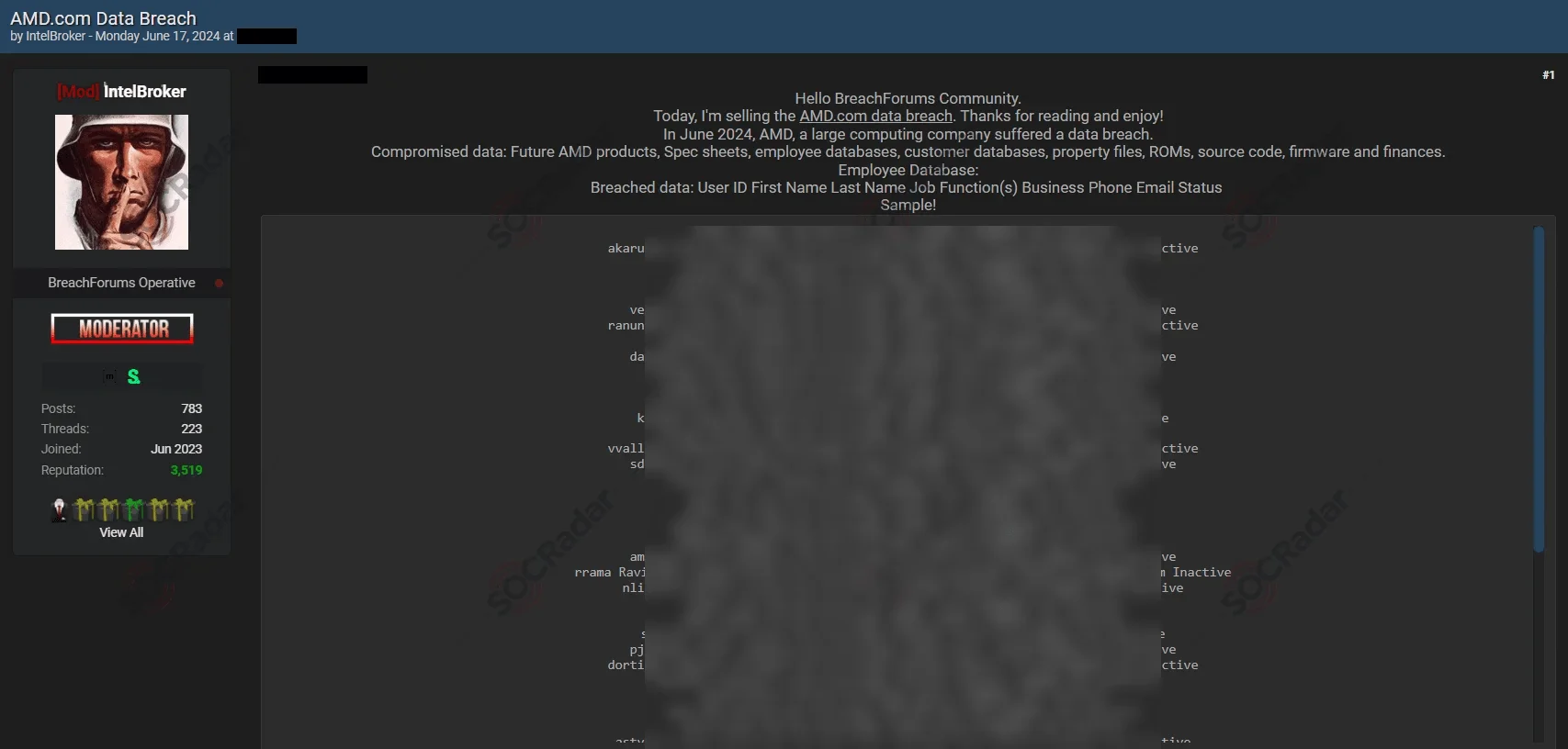 Below is the screenshot of IntelBroker’s first post on June 17, 2024, detailing the alleged breach of AMD’s database