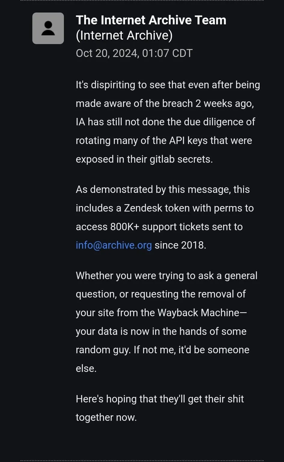 Threat actor’s message (X), Internet Archive Data Breach