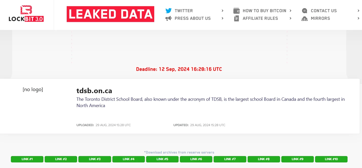 Allegedly published data of TDSB after the deadline on LockBit’s leak site