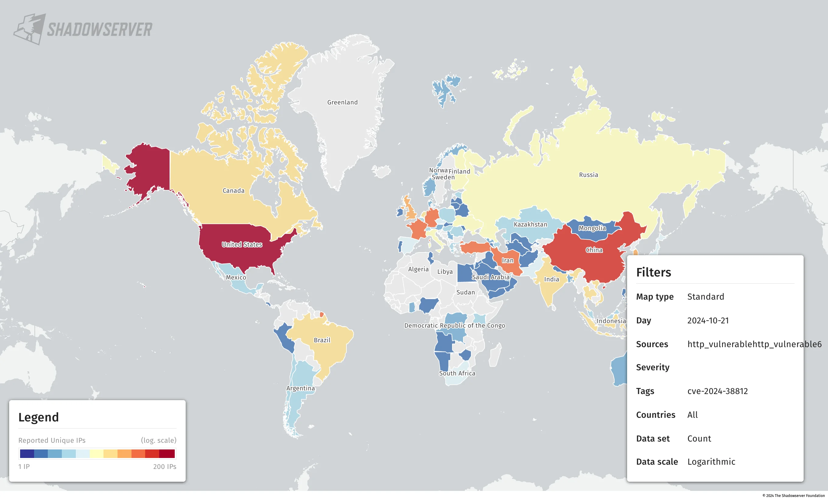 Instances potentially vulnerable to CVE-2024-38812, based on Shadowserver data as of October 21, 2024