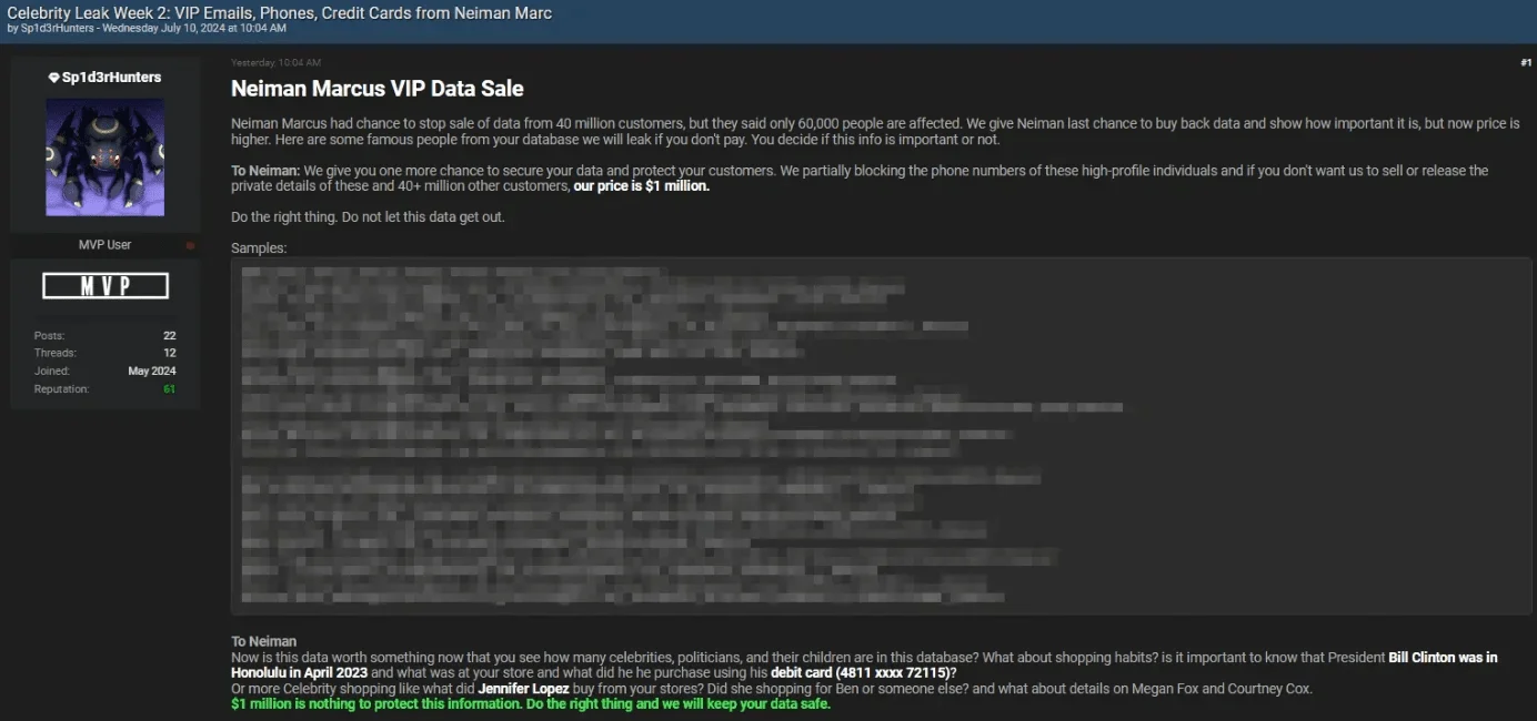 Threat actor’s post: Exclusive Neiman Marcus VIP Data Leaked in Week 2 of Celebrity Breach