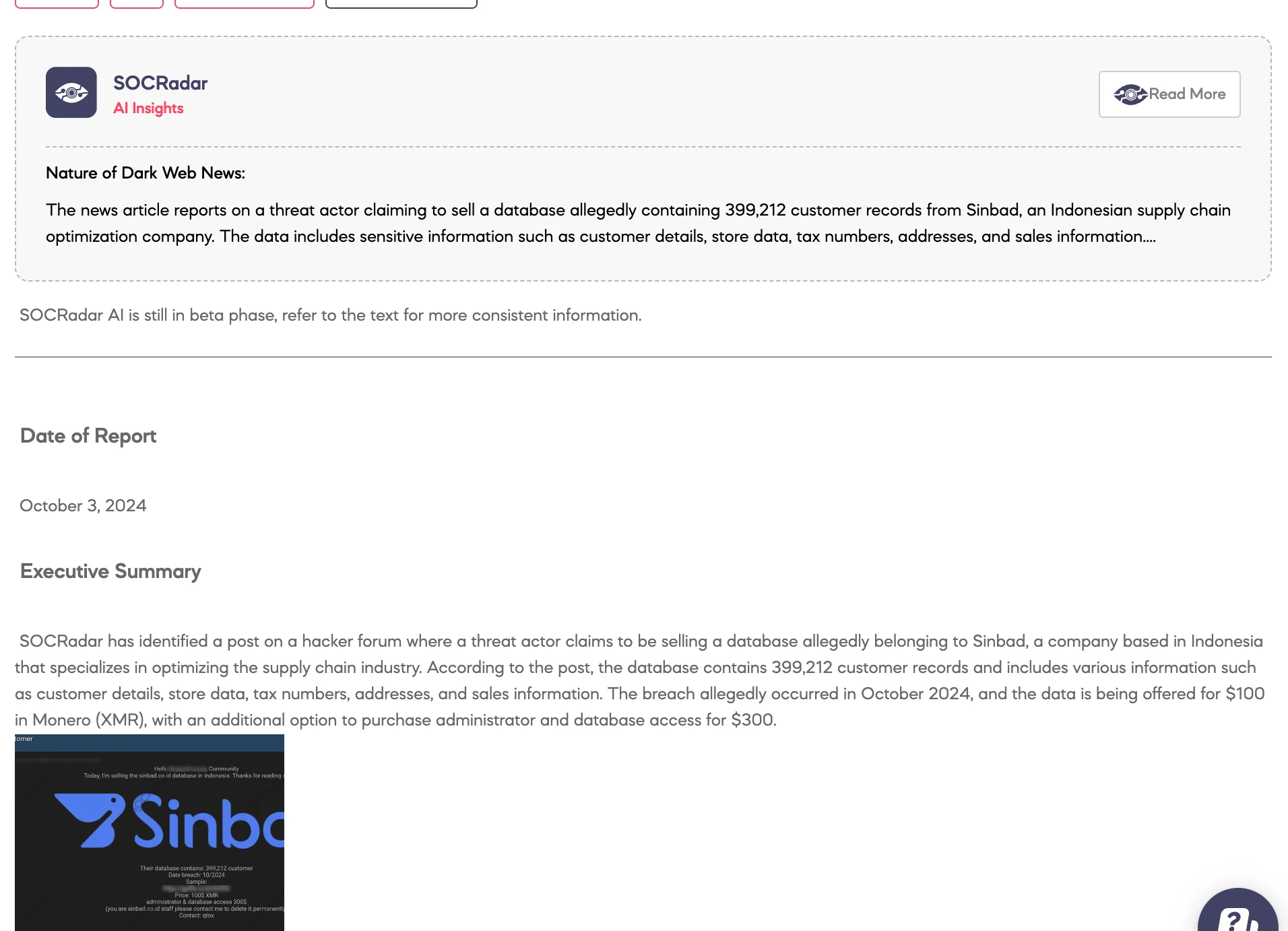 Threat Actor Claims to Sell Sinbad Database, Allegedly Containing 399,212 Customer Records