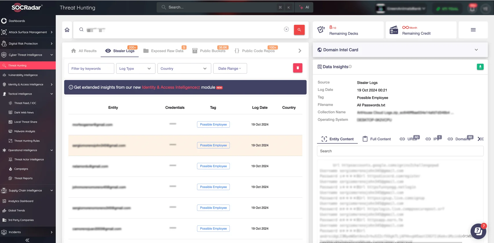 Identify data leaks through the Stealer Logs Search feature within SOCRadar’s Threat Hunting module