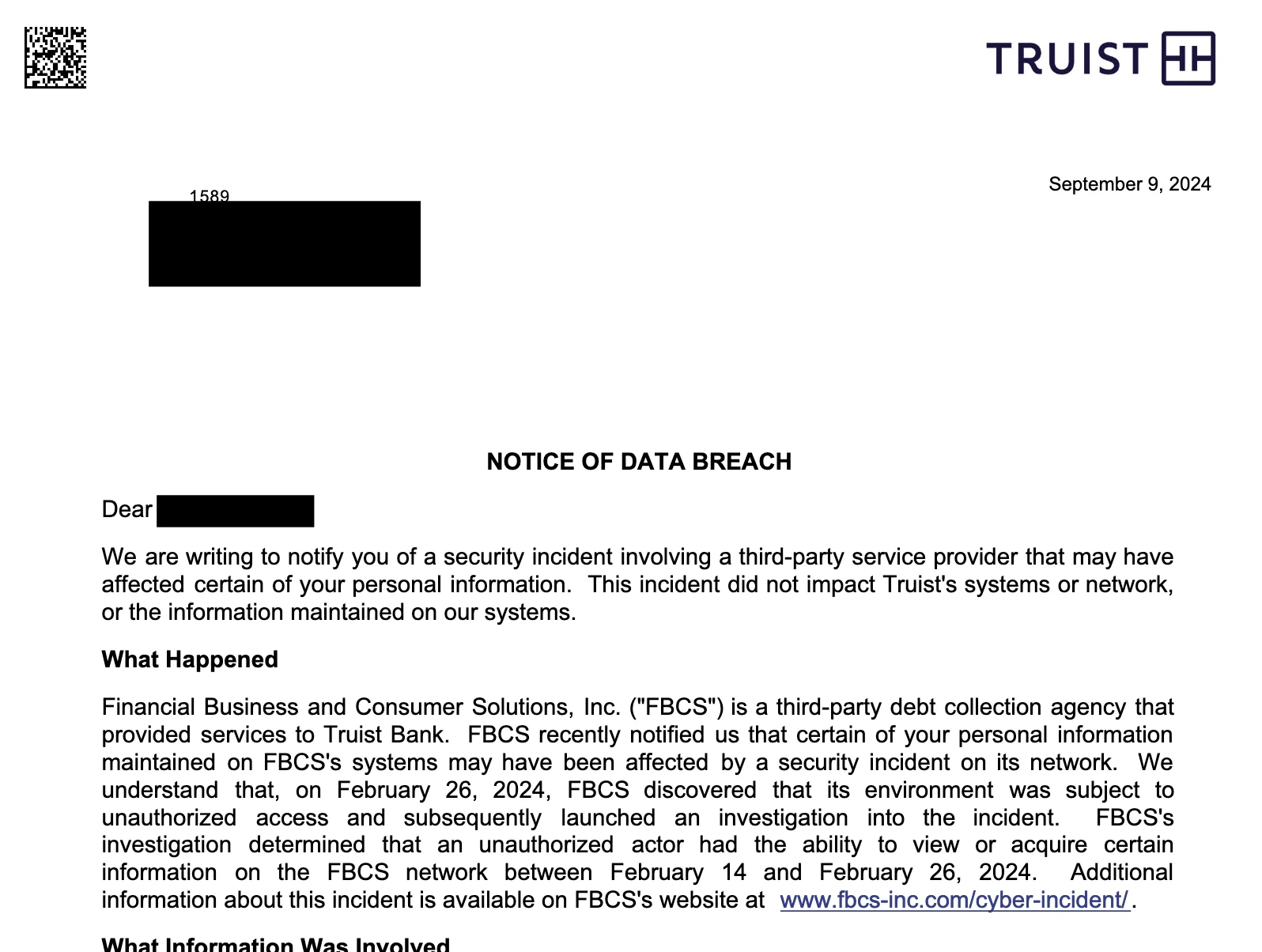 Notice of data breach by the Truist bank (oag.ca.gov)