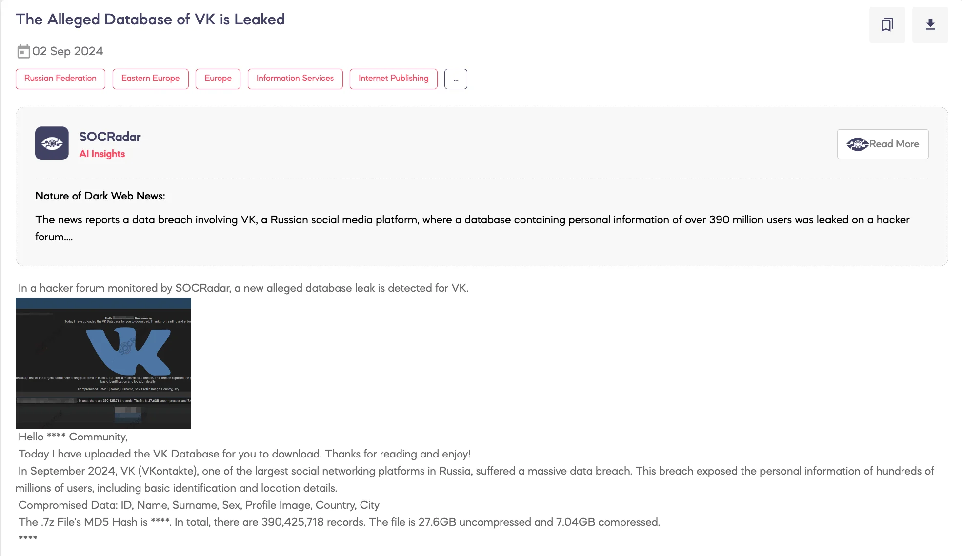 A notice of the threat actor’s post on VK breach (SOCRadar Dark Web News)