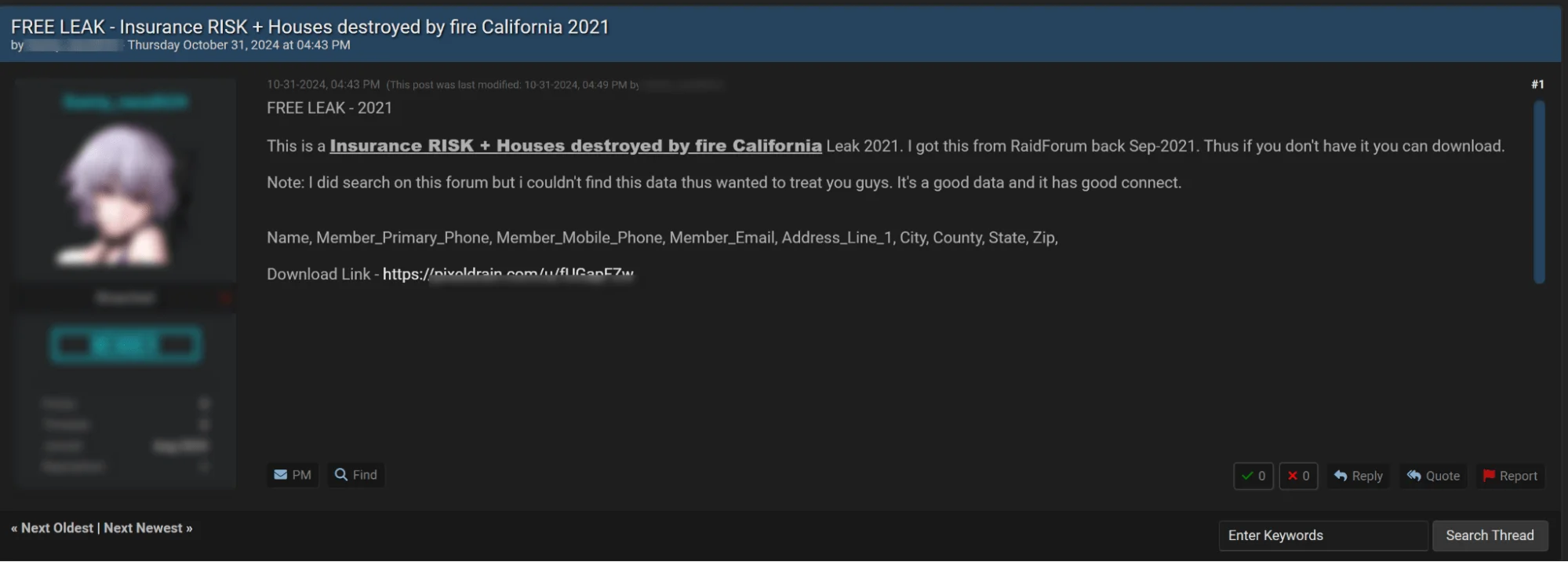 Threat actor's post offering a free download of the 2021 California insurance leak data.