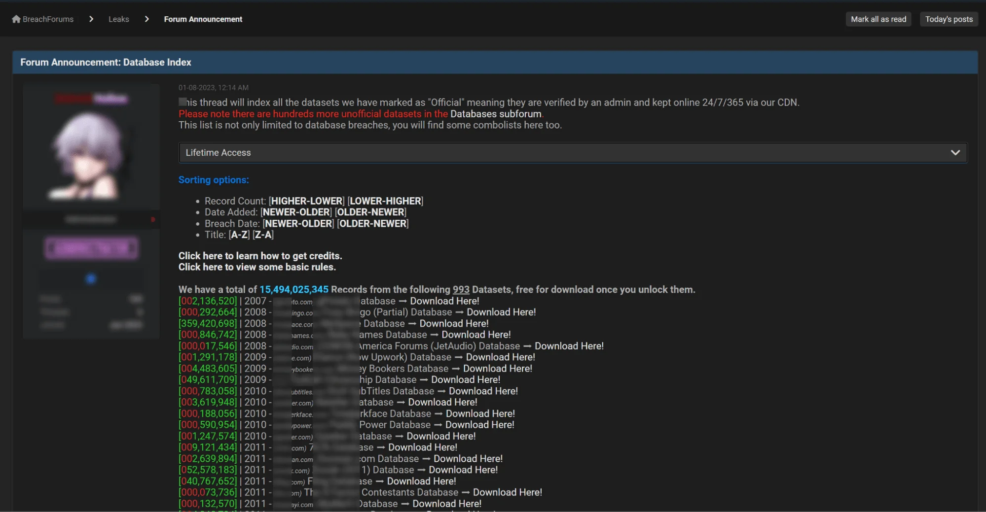BreachForums’ database index