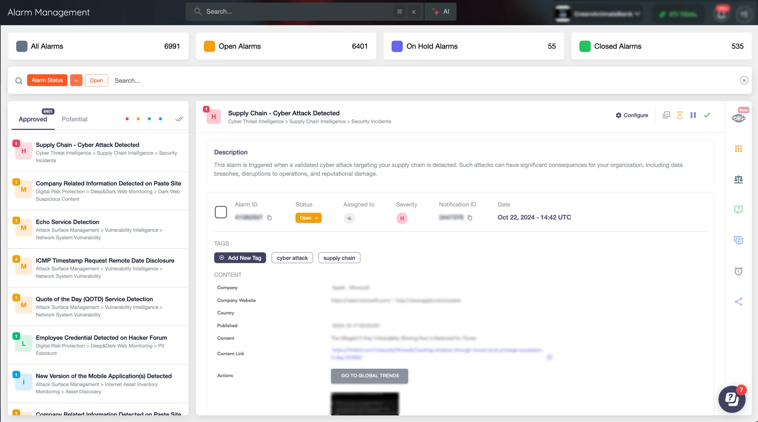 Alarm: Supply Chain Cyber Attack Detected (SOCRadar Alarm Management page)