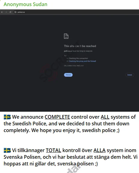 The Telegram channel of Anonymous Sudan, monitored by SOCRadar