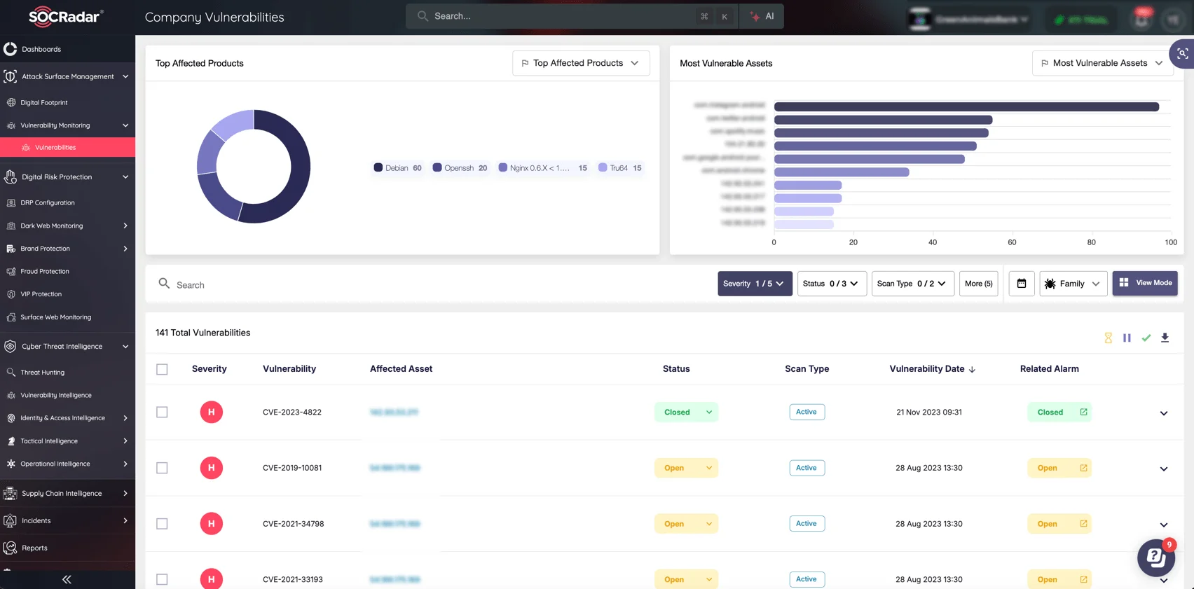 SOCRadar Attack Surface Management (ASM) module, Company Vulnerabilities page