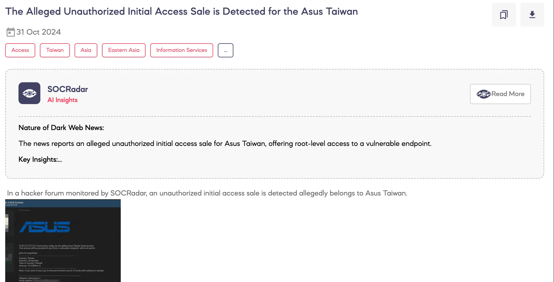 Alleged Unauthorized Initial Access Sale is Detected for Asus Taiwan