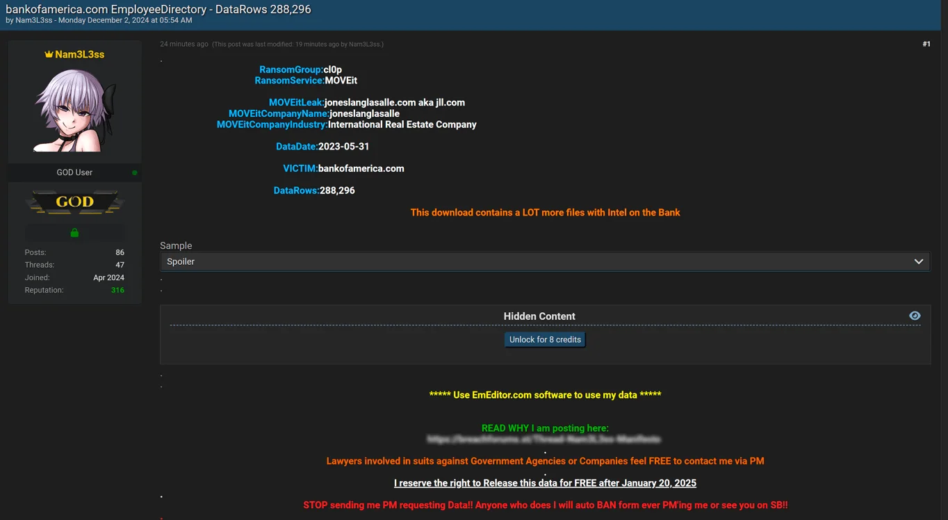 Threat actor claims to leak data from bankofamerica.com Employee Directory, moveit, clop ransomware