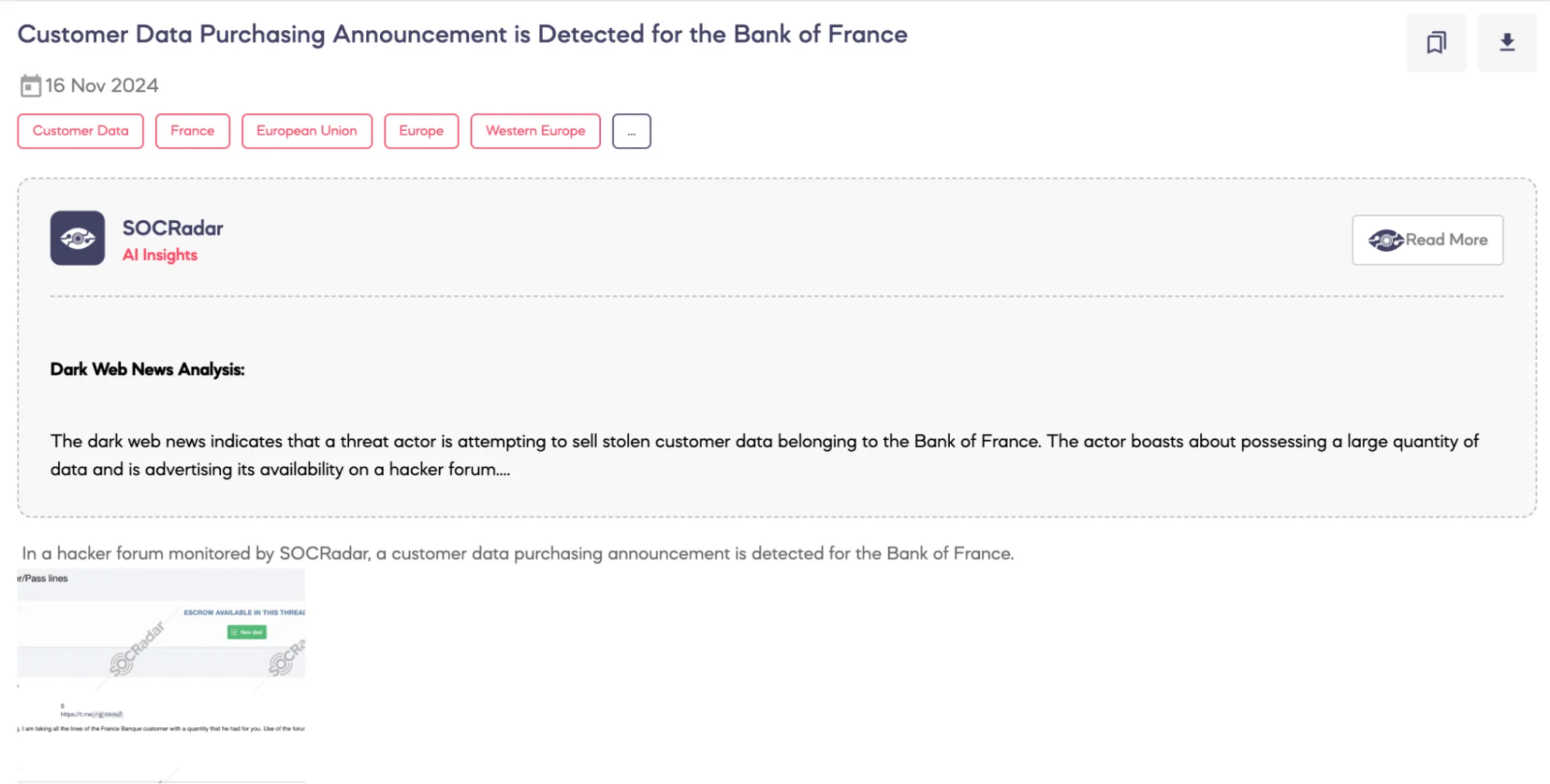 Customer Data Purchasing Announcement is Detected for the Bank of France