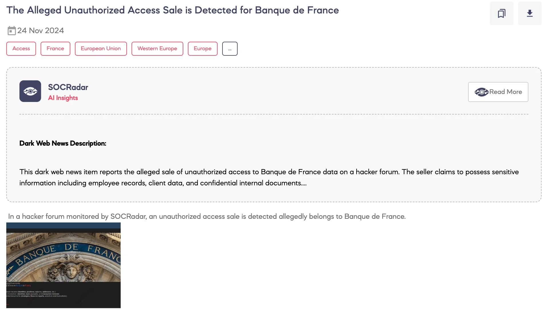 Alleged Unauthorized Access Sale is Detected for Banque de France