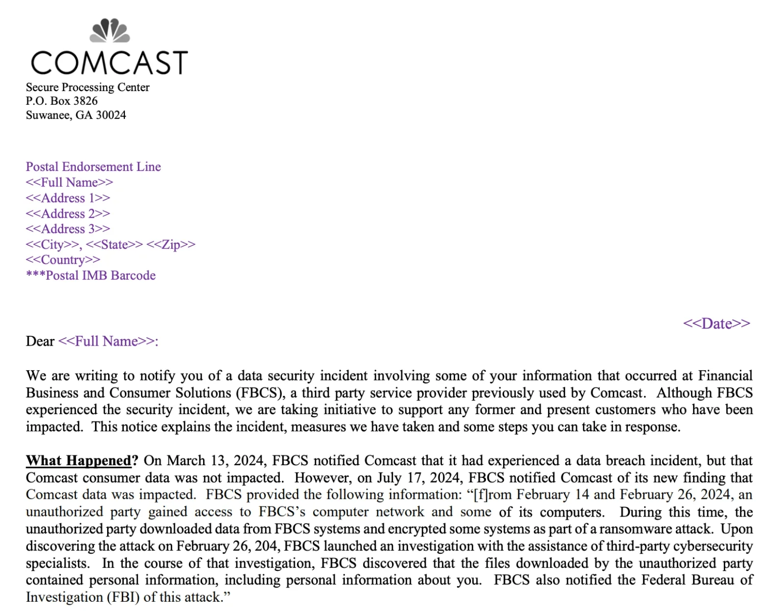 Data breach notification by Comcast (Source: maine.gov)