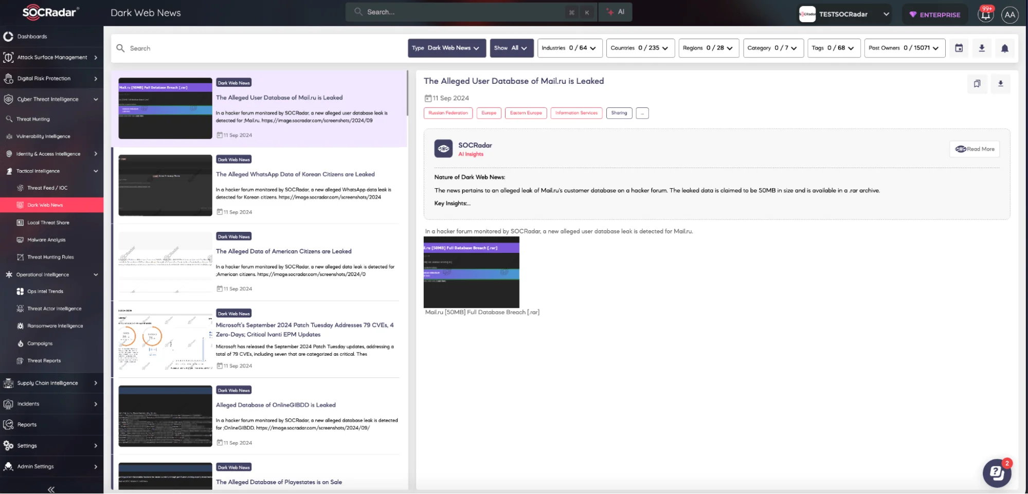 SOCRadar’s Dark Web News module
