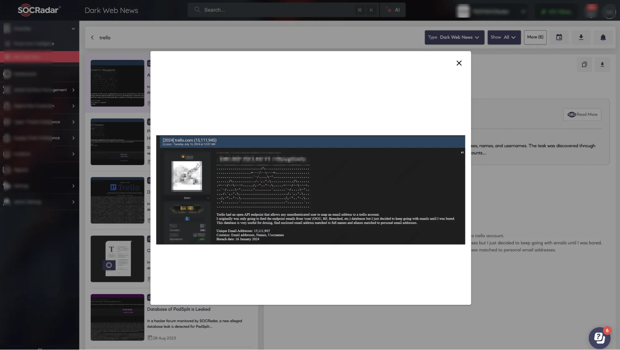 Emo’s July 16 post releasing the Trello dataset for free (SOCRadar Dark Web News)