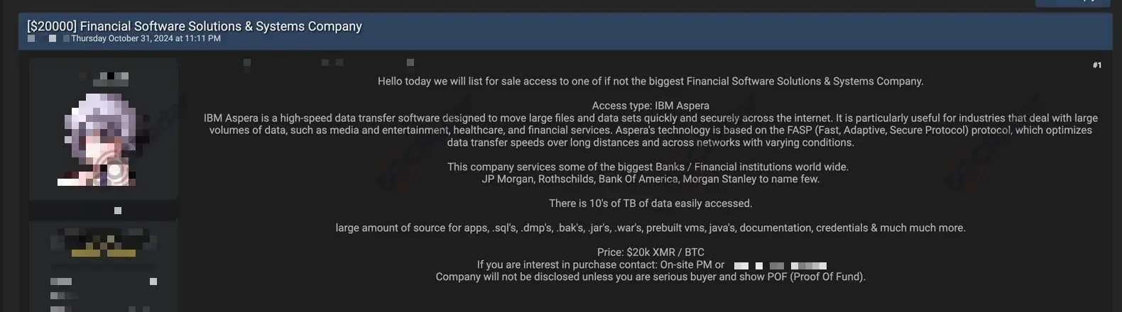 The access sale post related to Finastra, posted on October 31, 2024