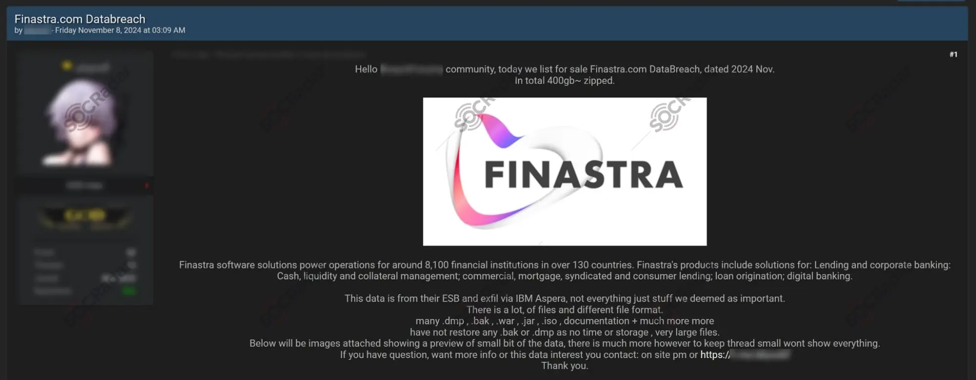 Finastra.com data breach post from November 8, 2024