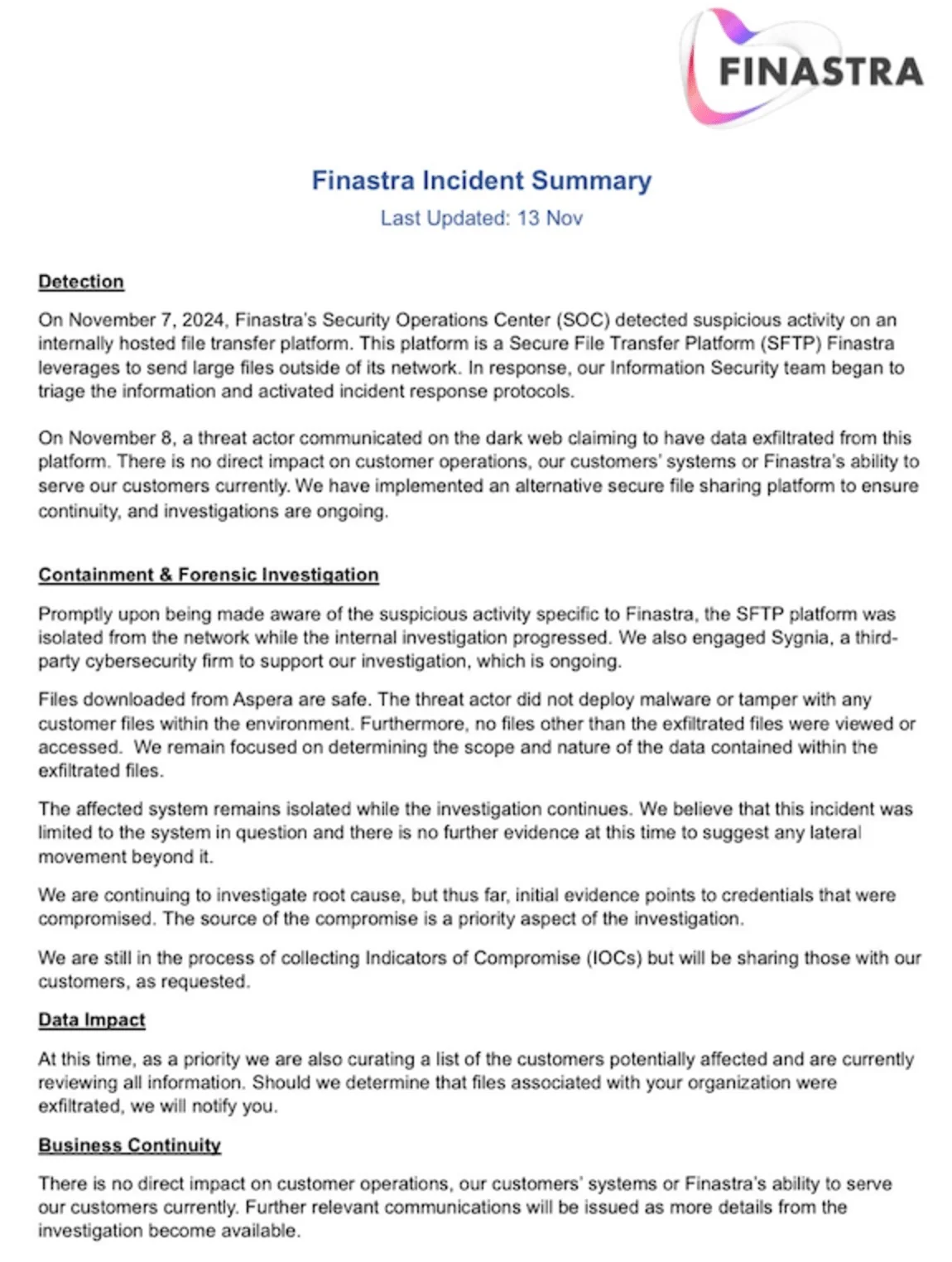 Finastra’s security notice (Source: Krebs on Security)