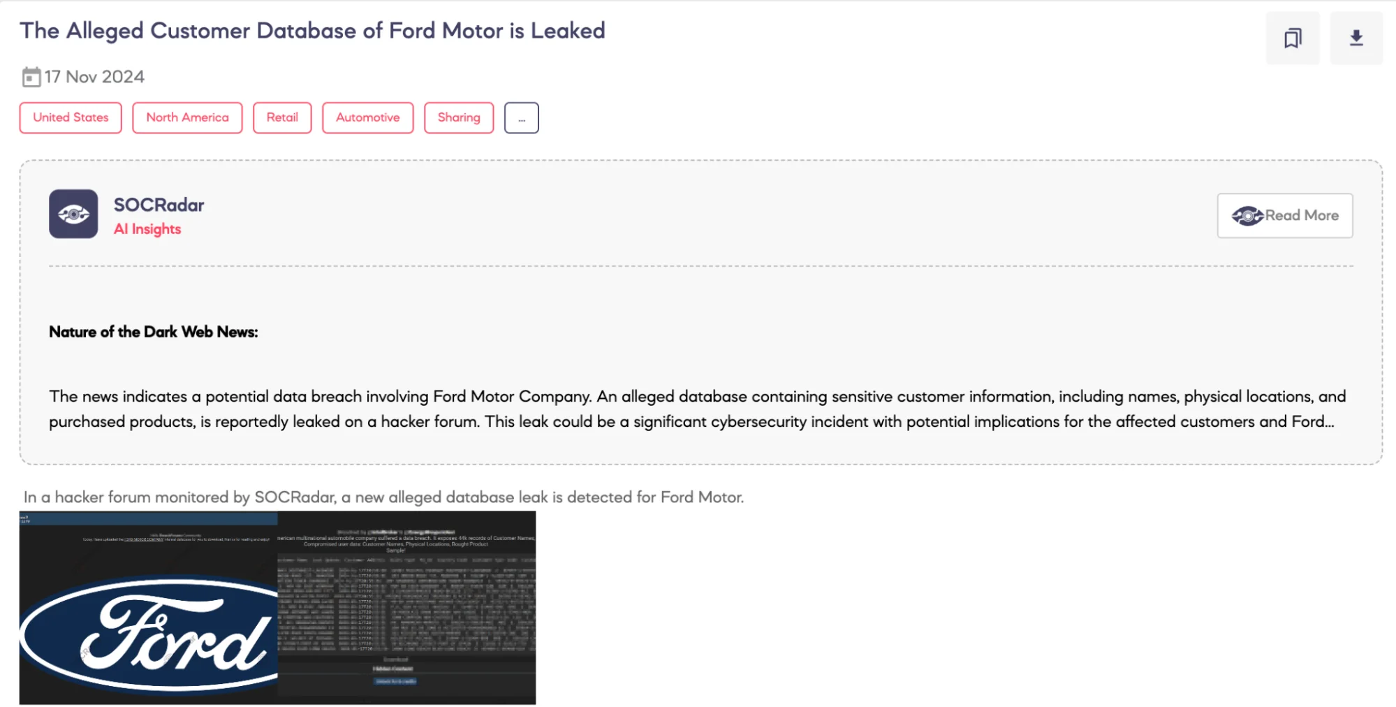 Alleged Customer Database of Ford Motor is Leaked