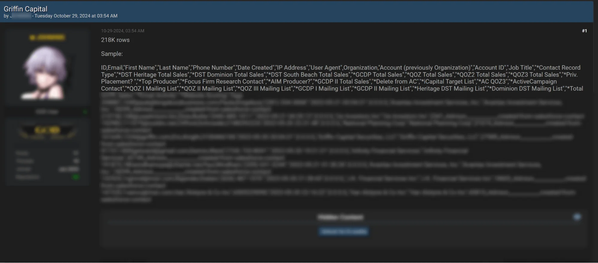 Threat actor's post listing Griffin Capital’s data from a previous leak.