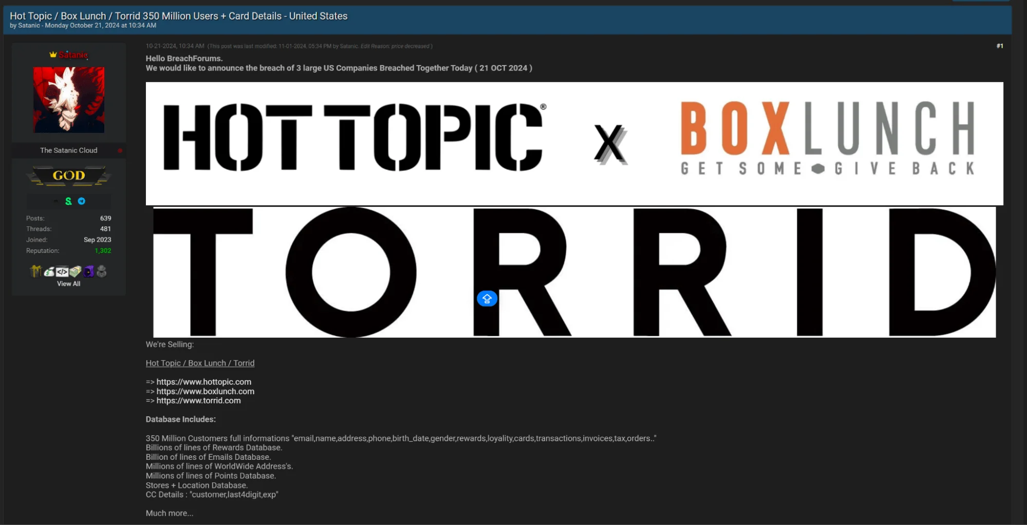 Edited BreachForums Post (SOCRadar Dark Web News)