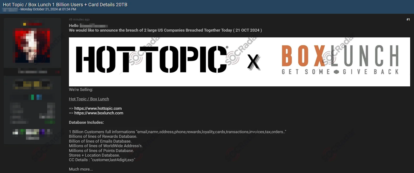 BreachForums Initial Post (SOCRadar Dark Web News)