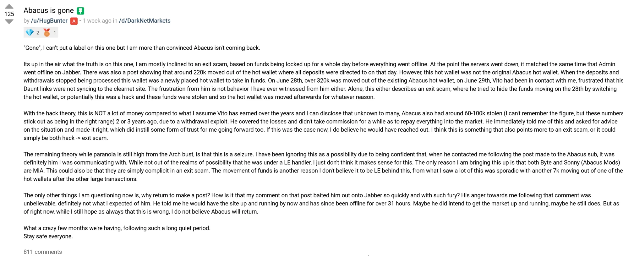 HugBunter, administrator of the Dread forum, weighs in on Abacus Market’s disappearance, suggesting a likely exit scam based on wallet activity and the admin’s behavior.