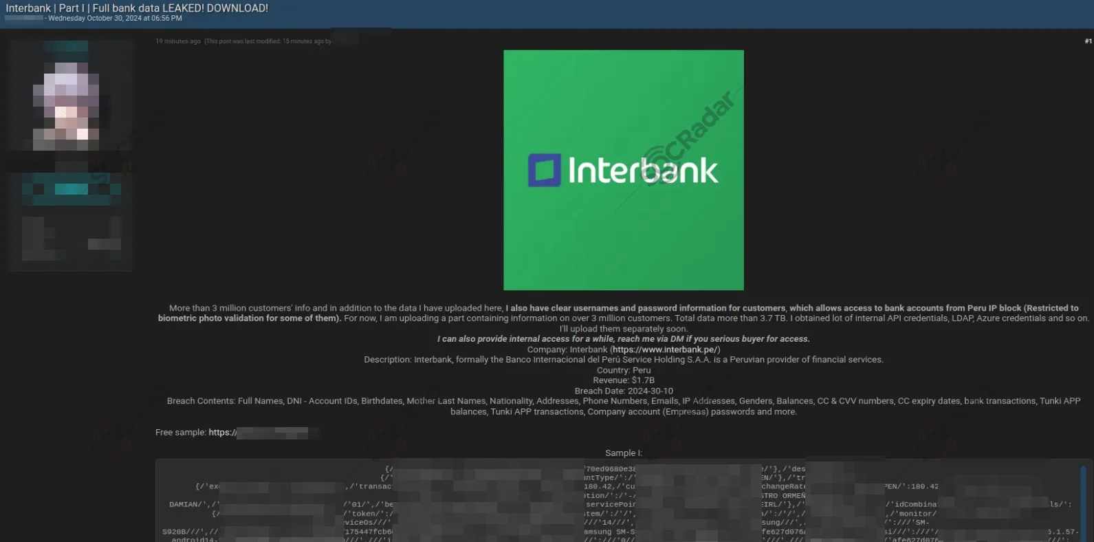 Interbank data breach post (Source: SOCRadar Dark Web News)