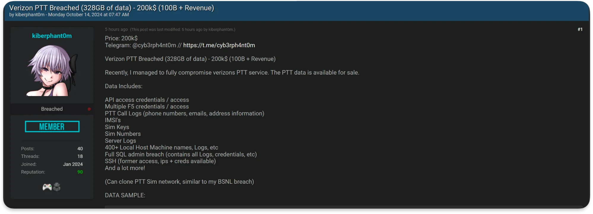 kiberphant0m’s claims to have breached Verizon on BreachForums