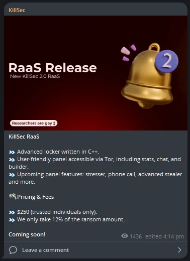 RaaS release message by KillSec