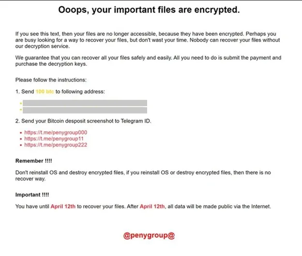 Ransomware note from FakePenny (Microsoft)