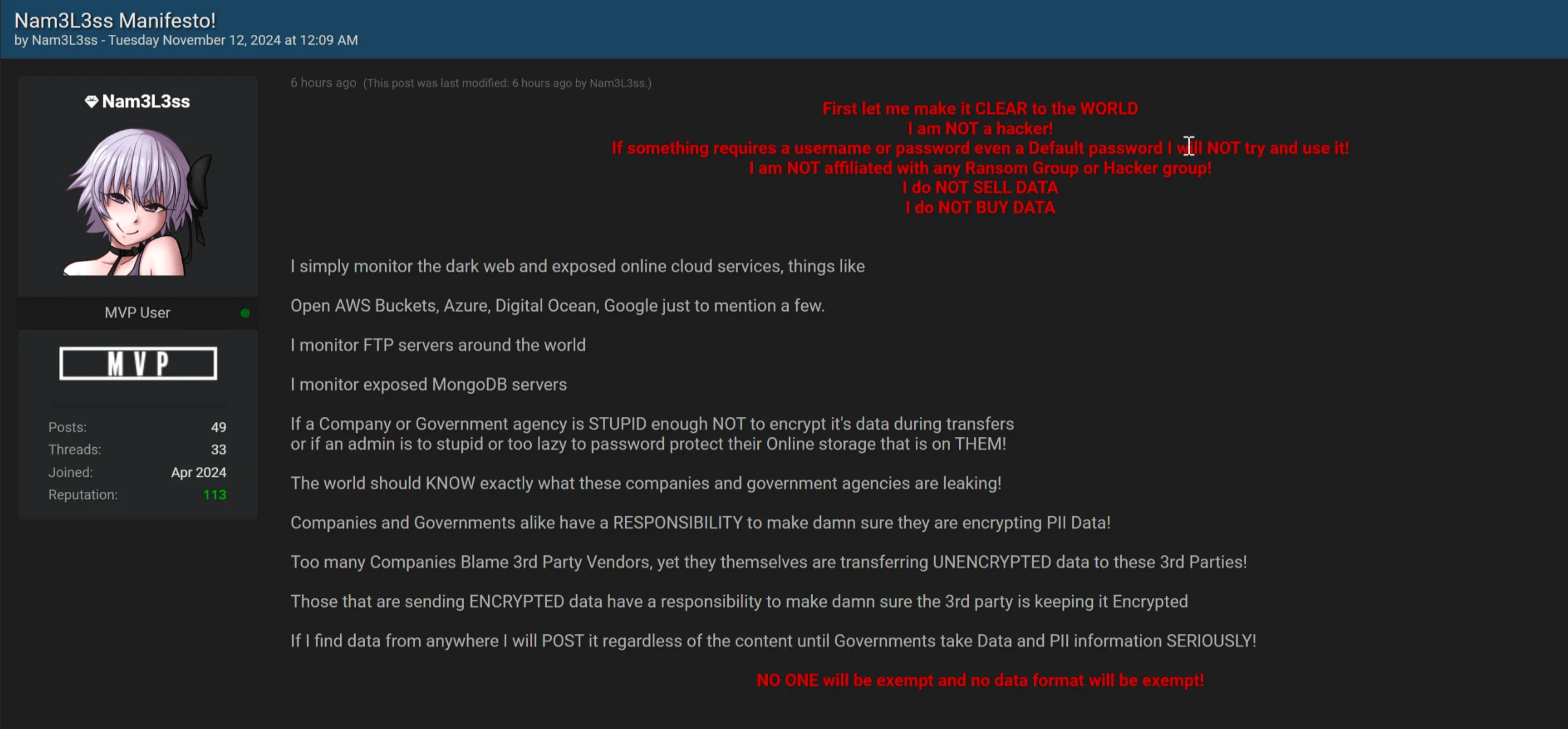 A manifesto posted by the threat actor along MOVEit data leak posts