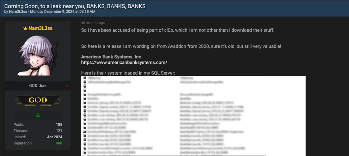 Nam3L3ss denies Cl0p affiliation while showcasing a database tied to Avaddon’s 2020 activity, American Bank Systems, Inc., MOVEit data leak, CLOP ransomware