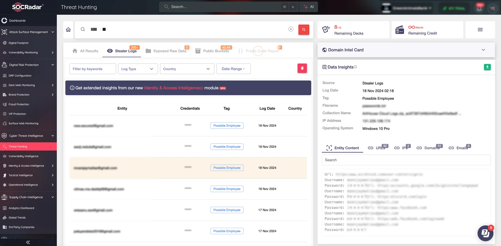 SOCRadar’s Threat Hunting module, Stealer Logs search