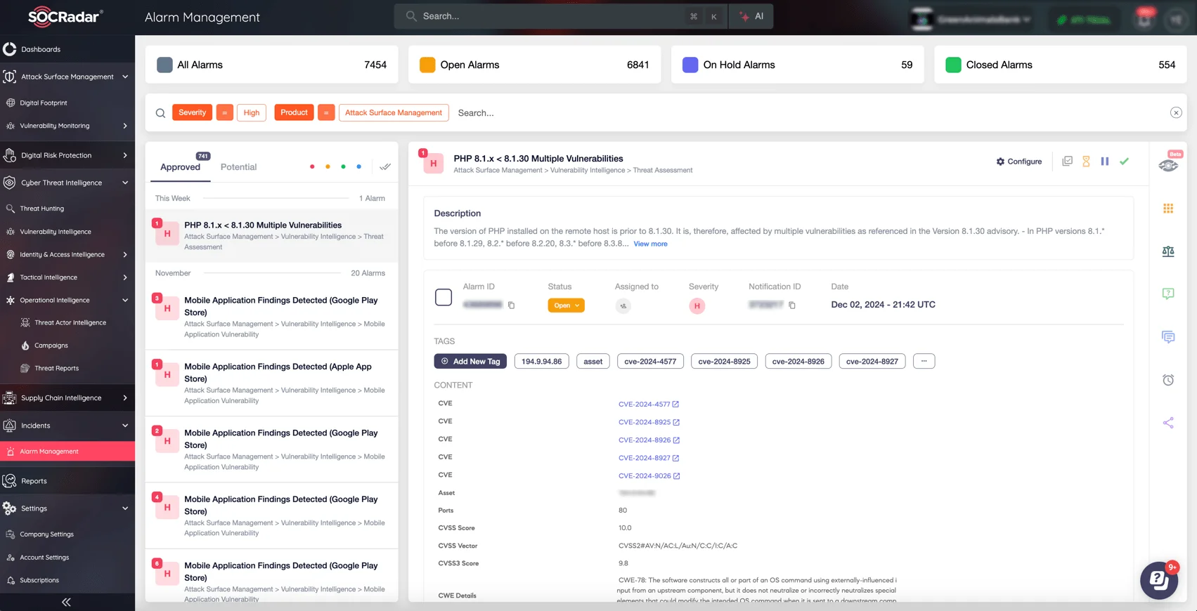 Alarm for multiple vulnerabilities found in a digital asset (SOCRadar XTI, Alarm Management), Top 25 CWE – Most Dangerous Software Weaknesses