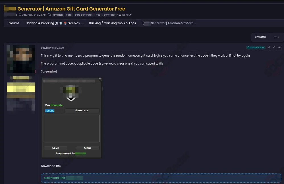 Alleged Amazon Gift Card Generator Tool