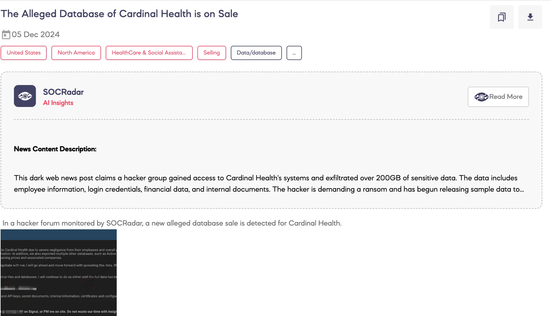 Alleged Database of Cardinal Health is on Sale